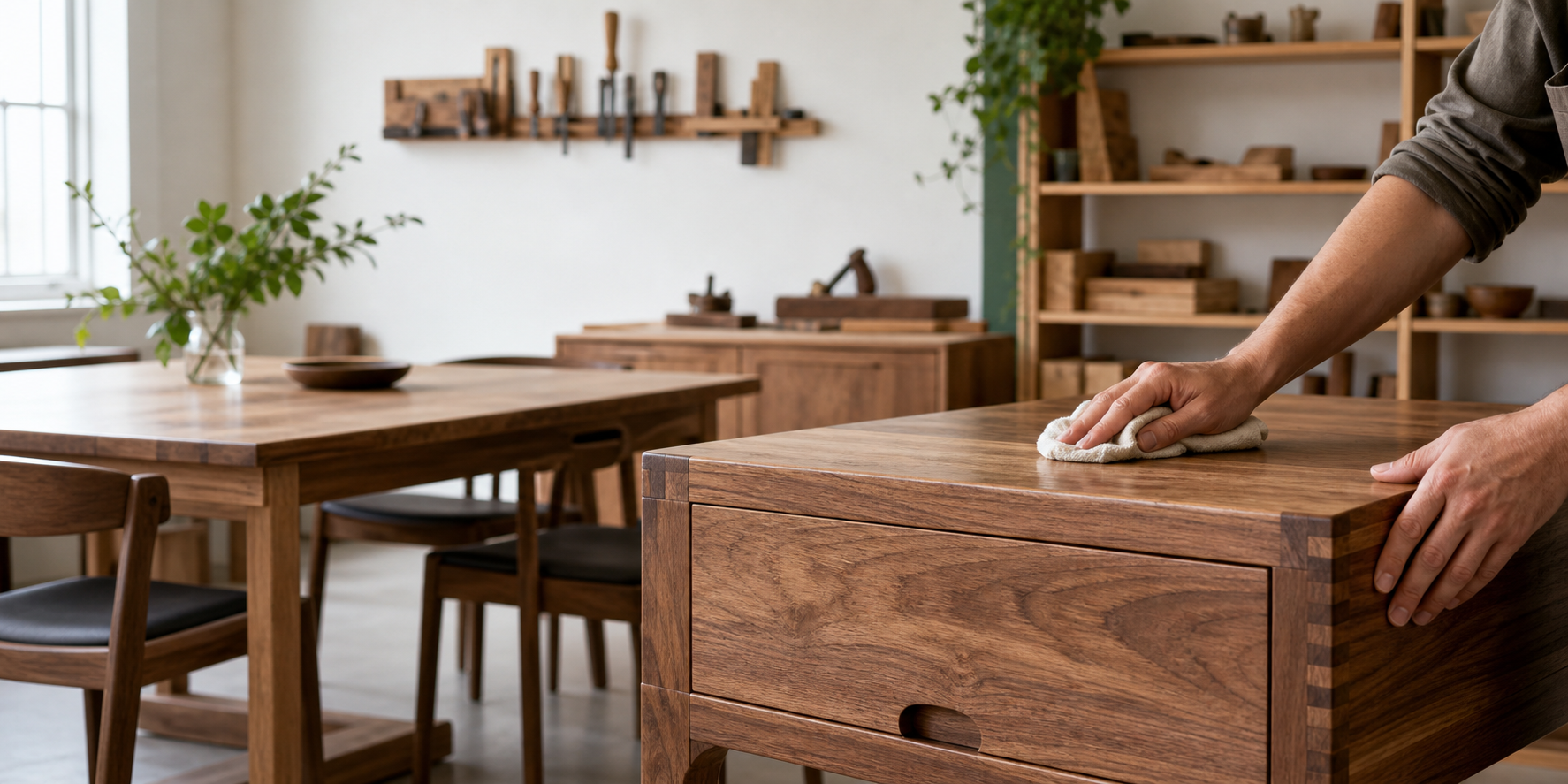 Handcrafted wooden furniture being finished in a bright workshop